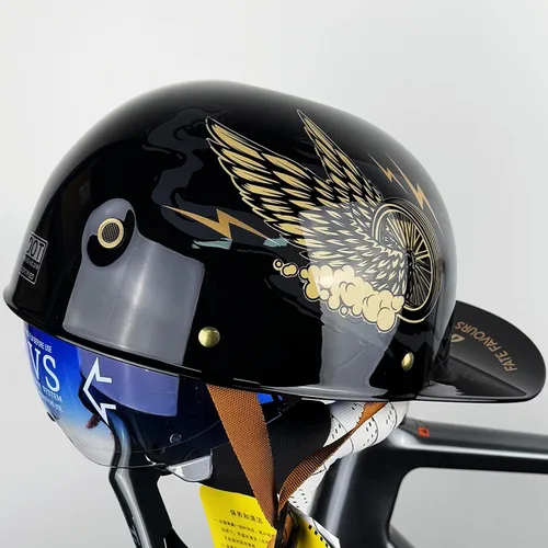 Vista 9 de Casco de motocicleta de cara abierta vintage, gorra de béisbol retro, aprobada por DOT, para hombres y mujeres y adultos, media carcasa con visera