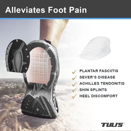 Vista 5 de Tuli de Heavy Duty Gel talón tazas, 10219BT, Transparente, 1, 1 Insertos de cojín que absorben los golpes para fascitis plantar y dolor de talón