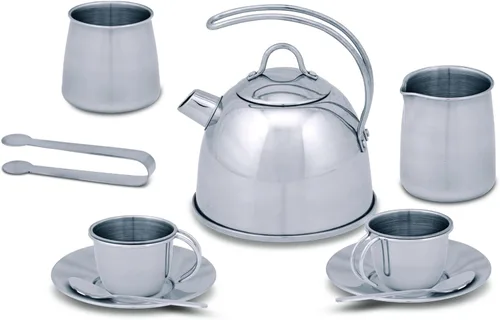 Vista 4 de Melissa & Doug Set de Té de Juguevo de Acero Inoxidable y Estantería de Almacenamiento para Niños (11 piezas)