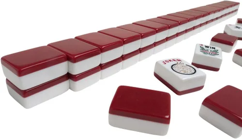 Vista 6 de Set - Azulejos blanco/burdeos, brazos de empuje clásicos - Caja Mahjong de aluminio plateado