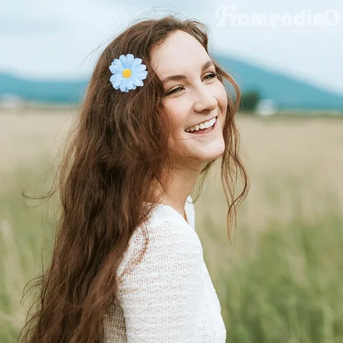 Vista 3 de Framendino, Paquete de 12 pinzas de flores con clip de margarita azul, pequeñas horquillas de girasol, accesorios de novia para mujeres y niñas