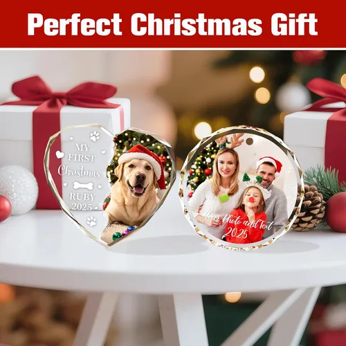 Vista 7 de Adornos de Navidad personalizados 2025 – Decoración de cristal de Navidad personalizada con foto/nombre, adorno colgante de cristal de cristal