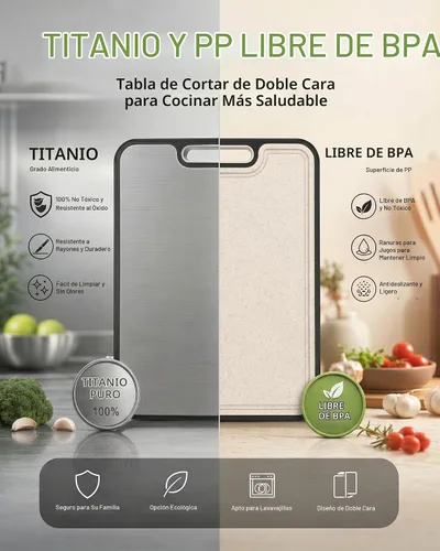 Vista 7 de Tabla de cortar de titanio no tóxica para cocina, tablas de cortar de titanio de grado alimenticio 2 en 1 de doble cara, alfombrilla de corte