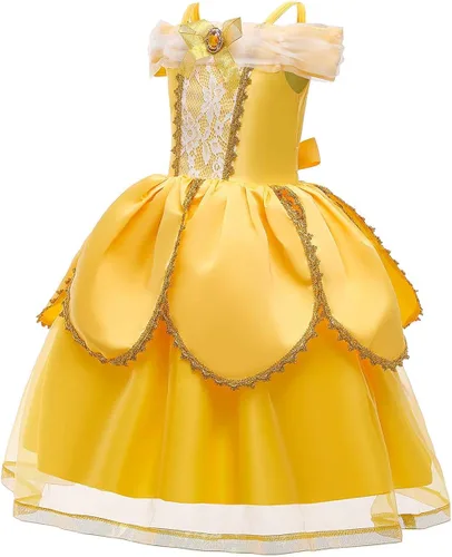 Vista 2 de Beauty - Vestido de princesa de Belle amarillo para niñas, lindo fiesta, Halloween, Xmax