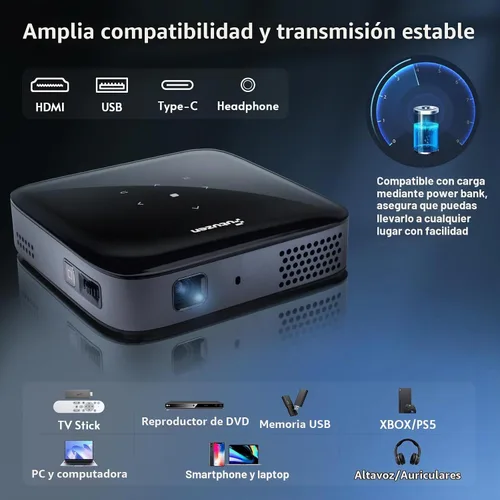 Vista 7 de Mini proyector portátil con altavoz de batería recargable y tirpod, proyector pico de 1080P (entrada 4K), sistema de transmisión integrado