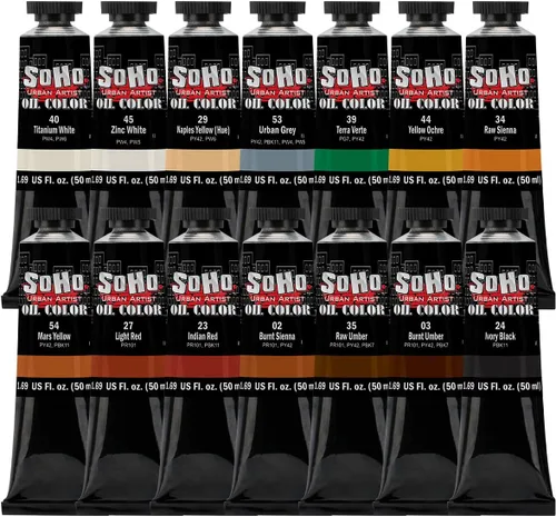 Vista 17 de Soho Urban Artist Juego de tubos de pintura al óleo de 24 a 0.4 fl oz, aceites de triple fresado con linaza refinada, aplicación suave, mezclas