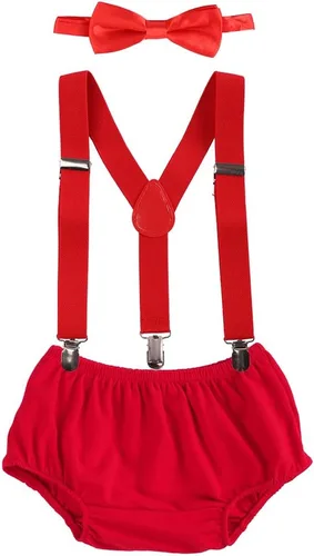 Vista 6 de Conjunto de ropa para festejar el primer cumpleaños de bebés, calzón pañalero con tirantes y corbata de moño. Beige & Blue