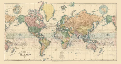 Vista 2 de Mapa del mundo de Stanford 1900 - Impresión de mapa histórico - 24 x 13 pulgadas