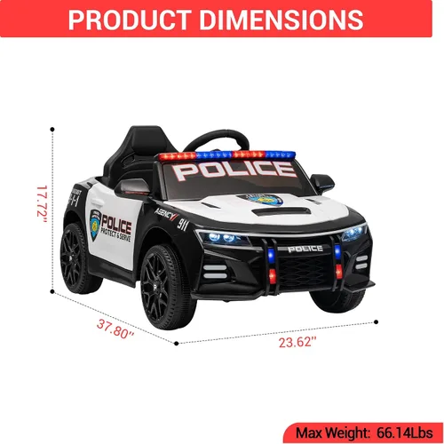 Vista 2 de Coche de policía de 12 V, funciona con pilas, autos de policía con control remoto, tonos de alerta de emergencia, luces intermitentes, música