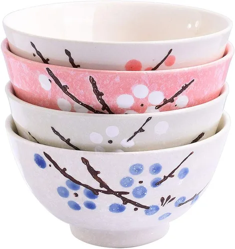Vista 6 de Juego de 4 cuencos de arroz japoneses, estilo japonés, pintados a mano, color rosa ciruela, juego de 4 cuencos para postre aperitivos, cereales