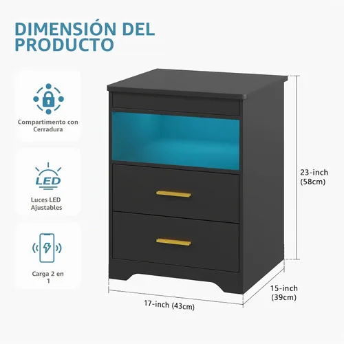 Vista 2 de 2 Set LED Nightstand with Charger Station & Gun Drawer & Auto Sensor, Black Negro juego de 2