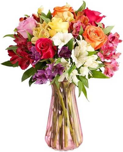Vista 11 de 1800 flores – Ramo doble surtido de rosas brillantes y lirios peruanos (florero transparente incluido) – Flores frescas para entrega – Regalo