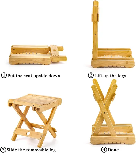 Vista 4 de Lawei Taburete plegable de bambú – Taburete de ducha de bambú de 12 pulgadas de altura, sillas de asiento de spa para ducha, afeitado de piernas