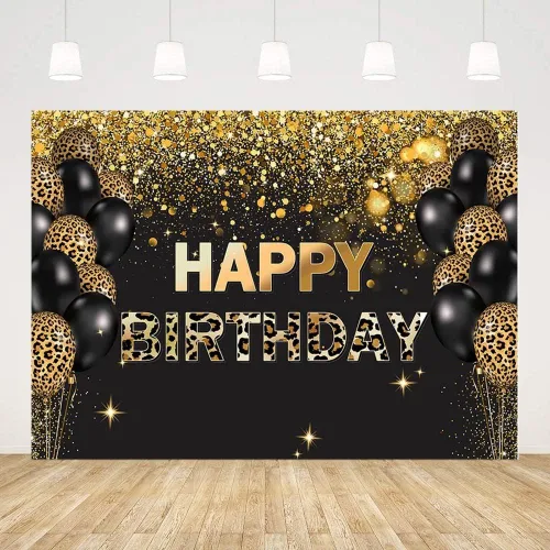 Vista 8 de Telón de fondo de feliz cumpleaños de 7 x 5 pies, lentejuelas doradas, globos de leopardo negro con purpurina, fondo para fotos, decoración