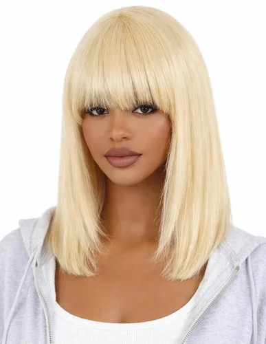 Vista 8 de Peluca de cabello humano lacio rubio 613 de 15 pulgadas con flequillo, sin pegamento, sin encaje frontal, Yaki Bob para mujer