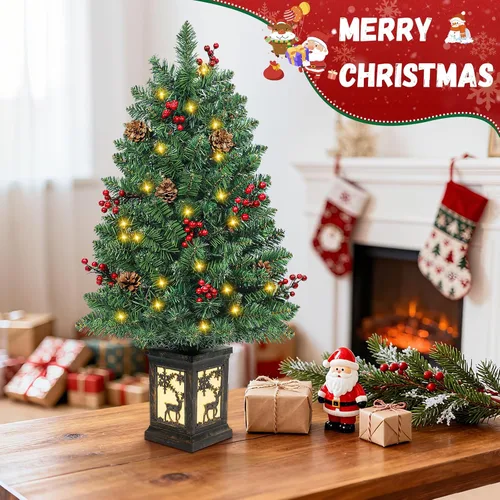 Vista 2 de 2 piezas árbol de Navidad de 3 pies con luces, pequeño árbol de Navidad artificial de PVC preiluminado de Navidad con 78 luces LED cálidas, bayas 3