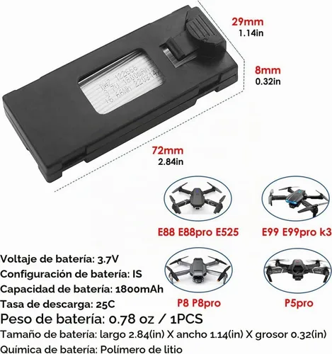 Vista 2 de Accesorios 3.7V 1800mAh Li-po Baterías (3PCS) para E88 E88PRO E88MAX E525 E99 E99PRO P1 P5PRO K3 S1 P8 RC Drone