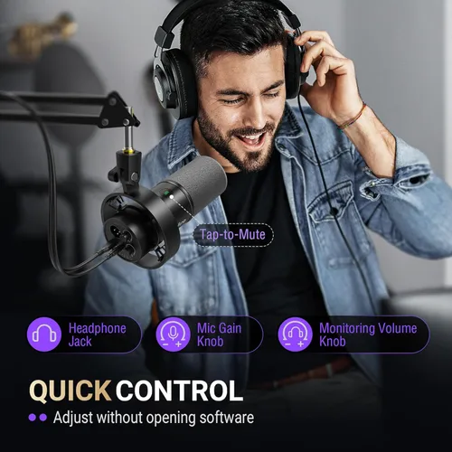 Vista 6 de FIFINE - Kit de micrófono de podcast K688, micrófono dinámico USB/XLR con brazo articulado para PC/mezclador XLR, micrófono para juegos con botón