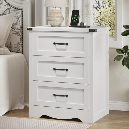 Vista 9 de Mesita de noche con 3 cajones, mesa auxiliar de 61 cm de ancho estilo granja, mesa de noche de madera rústica con asa metálica, cómoda moderna