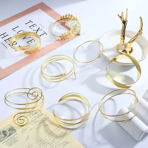 Vista 6 de THUNARAZ Gold Arm Cuff Bracelet for Women Arm Bracelet Upper Arm Band Bangle Bracelet Minimalist Simple Adjustable Greek Armlet Wedding Party Jewelry