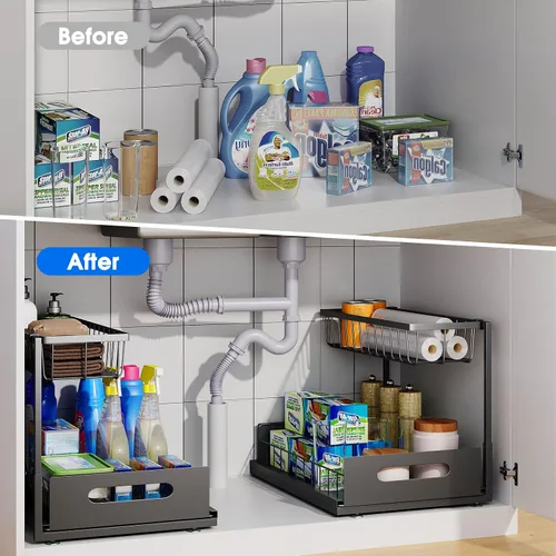 Vista 3 de Organizador para debajo del fregadero, estante de almacenamiento extraíble de 2 niveles, organizador de metal resistente al óxido para cocina, baño