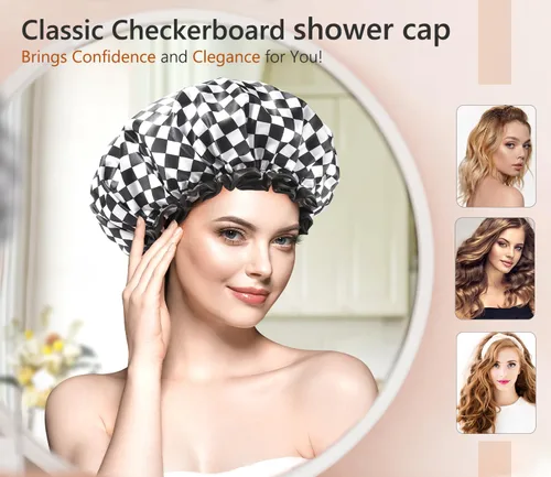 Vista 3 de mikimini Gorro de ducha para mujeres y niñas, elegante diseño de tablero de ajedrez, doble capa, impermeable, reutilizable, lavable, sin olor