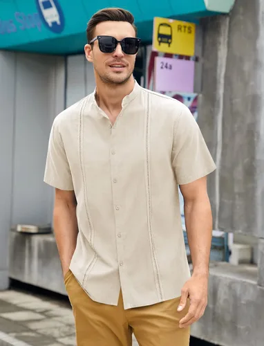Vista 3 de Ryannology Camisas guayabera de lino de manga corta con botones para hombre, estilo casual, playa, campamento cubano, camisa mexicana para hombre