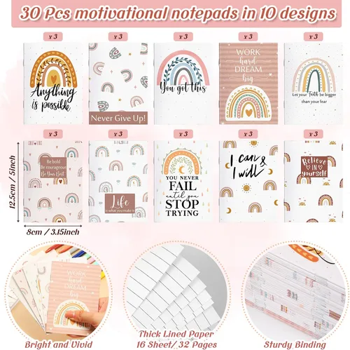 Vista 3 de Colarr 90 piezas de regalo de agradecimiento para maestros de regreso a clases, regalos inspiradores a granel, 30 cuadernos de notas de arcoíris, 30
