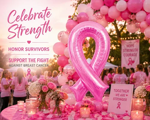 Vista 7 de Artisan Owl Globo de aluminio jumbo de 36 pulgadas con cinta rosa para concientización sobre el cáncer de mama para eventos de recaudación de fondos