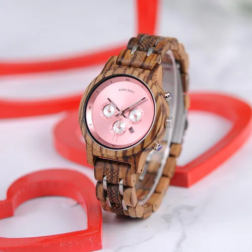 Vista 8 de BOBO BIRD Relojes de madera para mujer, correa de metal de madera de lujo, cronógrafo y visualización de fecha, reloj de cuarzo, moda de cebra