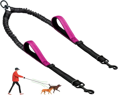 Vista 10 de Correa doble para perro, divisor sin enredos para dos perros, acoplador con cuerda de plomo larga ajustable, asas de control dual, elástico