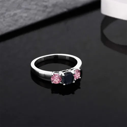 Vista 3 de Anillo de plata de ley 925 con diamantes cultivados en laboratorio de ónix negro y rosa de 098 quilates