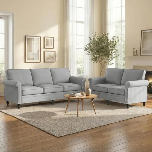 Vista 10 de Mjkone Juego de 2 Piezas para Sala de Estar, Sofás Seccionales, Juego de Sofá y Silla, Sofá Moderno de Lino con Marco de Madera y Patas