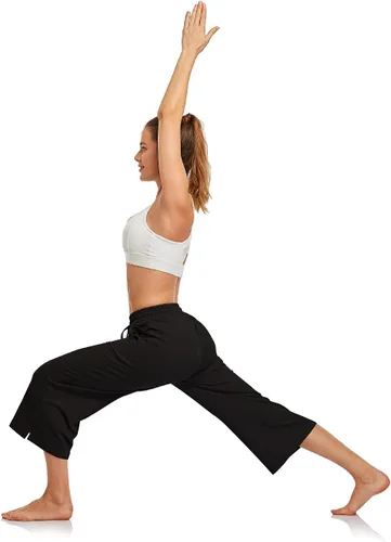 Vista 5 de UEU Pantalones capri de yoga para mujer, de verano, pierna ancha, holgados, casuales, recortados, con cordón, pantalones capri con bolsillos