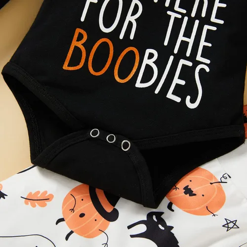 Vista 4 de Trajes de Halloween para bebés niños y niñas, divertido mameluco con letras y pantalones de calabaza fantasma, ropa de Halloween