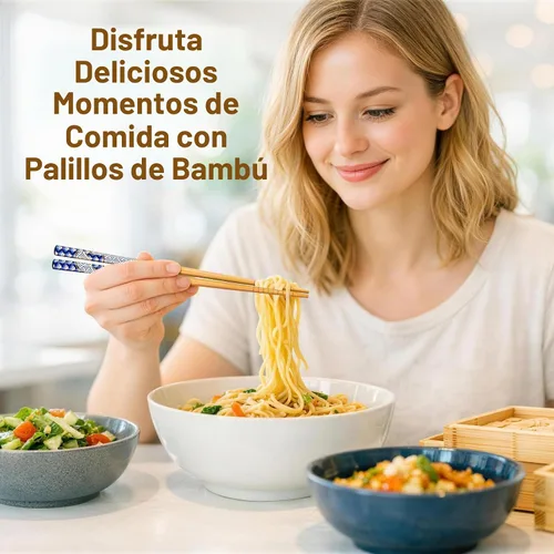 Vista 6 de Antner 5 pares de palillos de bambú reutilizables, exquisitos palillos de estilo japonés con caja negra para sushi, ramen, olla caliente y comedor