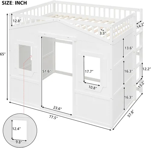 Vista 2 de Cama tipo loft de techo de casa de tamaño matrimonial con escalera, marco de cama de madera que ahorra espacio con barandilla y ventana