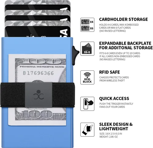 Vista 2 de SEMORID Cartera delgada de aluminio con tarjetero para hombre, Botón azul realB, Cartera Rfid minimalista para hombre