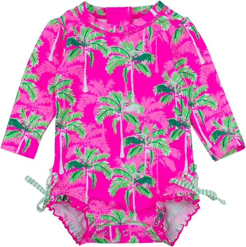 Vista 18 de RuffleButts - Traje de baño de una pieza con protección solar UPF 50+, camiseta de protección floral estampado, manga larga, con cierre zipper