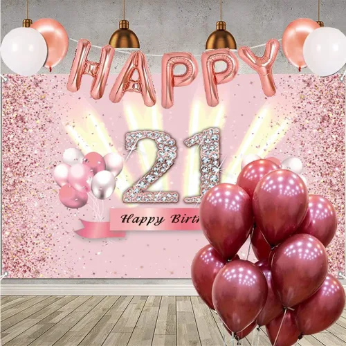 Vista 5 de Decoraciones de feliz cumpleaños 21 para mujer, pancarta de fondo para fiesta, póster de tela de aniversario, fondo de foto rosa, suministros