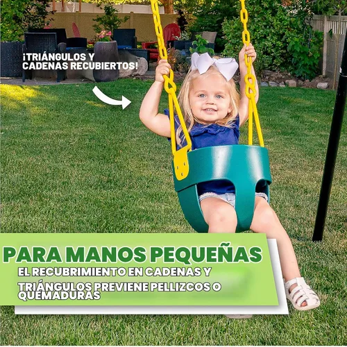 Vista 4 de Columpio de lujo con respaldo alto para niños pequeños con protección de pellizco, color verde Revestimiento patentado de cadena y conector