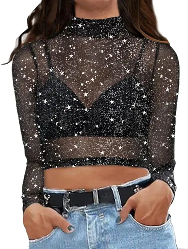 Vista 2 de MANGOPOP Women's Short Sleeve Long Sleeve Sheer Mesh Crop Tops Tee Shirt Blouse