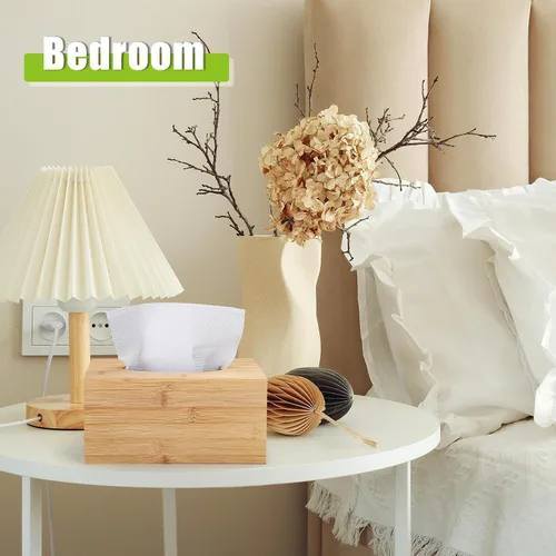 Vista 7 de Funda rectangular para caja de pañuelos de bambú, caja de pañuelos rectangular con parte inferior deslizante, cubo decorativo para pañuelos faciales