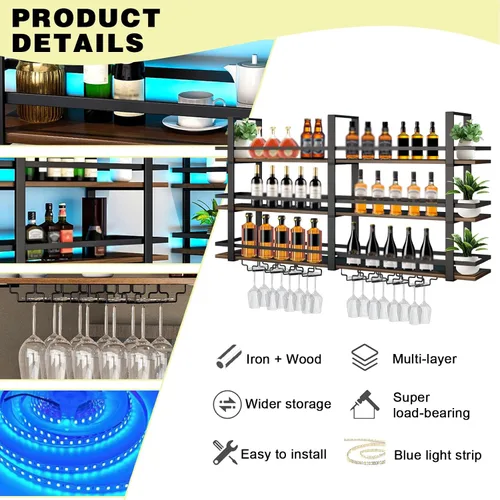 Vista 4 de Estante para vino montado en la pared con luces LED, estantes flotantes de 3 niveles de licor de metal, con estante para copas de vino, estante