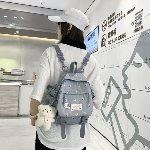 Vista 9 de kakarin choyx Mochila estética Kawaii de 10.6 pulgadas con colgante mini mochila linda mochila japonesa bolsa de flores, Azul, Kawaii