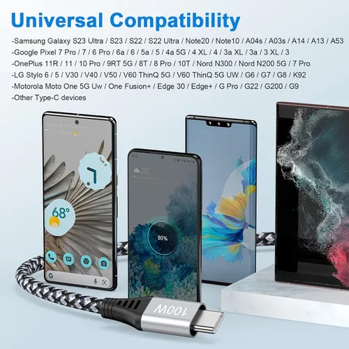 Vista 7 de Cable Pixel de 100 W tipo C a tipo C para Google Pixel 10, 10a, 9, 8, 7, 6 pies, PD 5A, cable USB C a USB C, cable trenzado de nailon tipo C