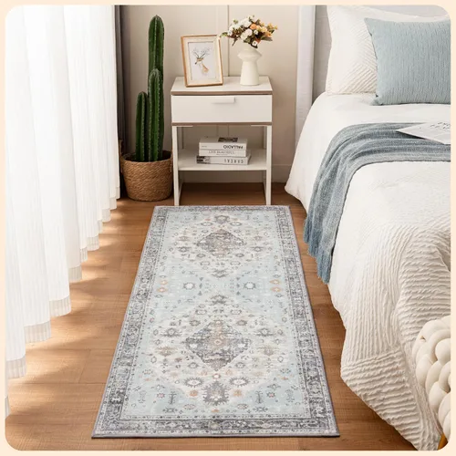 Vista 136 de Istana Alfombra larga antideslizante de 2.5 x 8 para el hogar, para pasillo y cocina, lavable, sedosa y suave al tacto, elegante, color azul y marfil