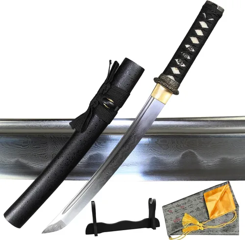Vista 12 de Tanto Japonés Hecho a Mano de Acero Damasco Templado en Arcilla Espada Katana Corta Afilada de 20 Pulgadas