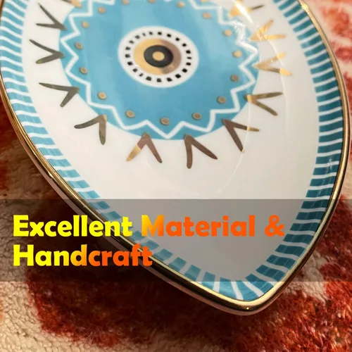 Vista 5 de Exquisita bandeja pequeña de cerámica para joyas, plato de baratija, decoración de mal de ojo, soporte para anillos de placa dorada, artículos
