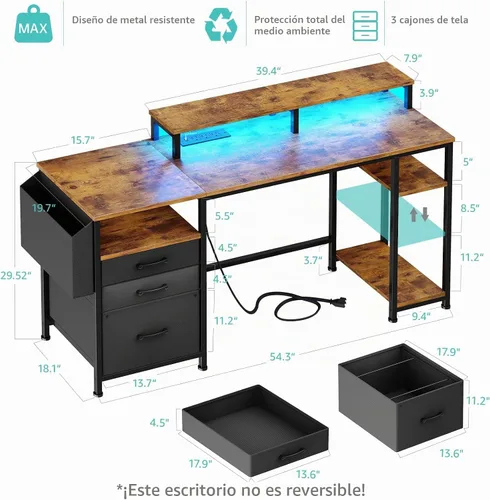 Vista 3 de Lufeiya Escritorios para juegos con luces LED y tomas de corriente, escritorio para computadora de estudio y escritura de 55 pulgadas con cajones